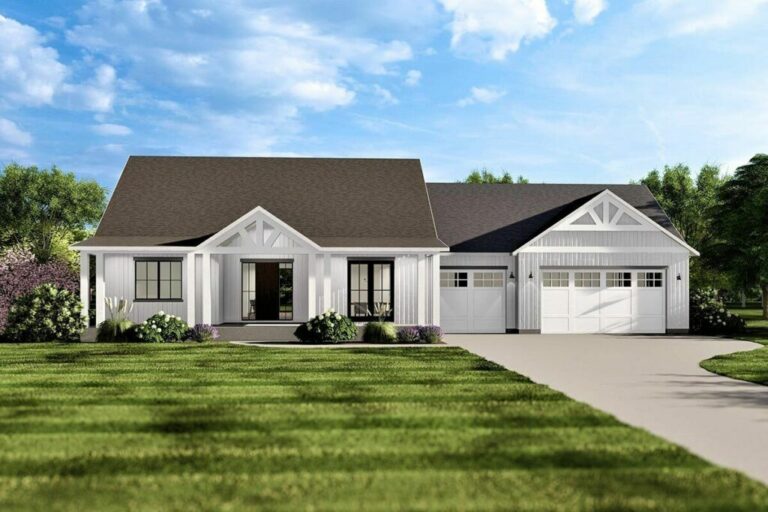 Farmhouse-Style 4-Bedroom 1-Story Home with Split Bed Layout and Surprise Basement Expansion (Floor Plan)